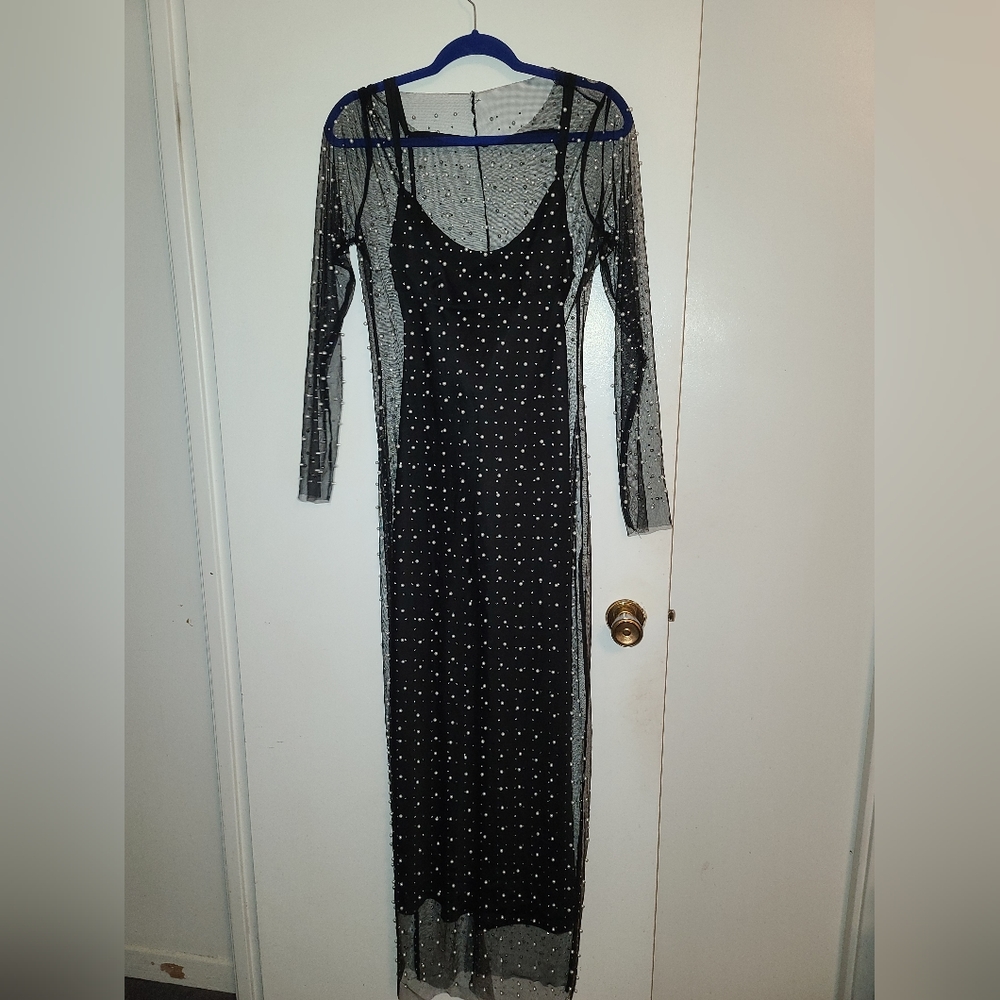 Black Sheer Midi Dress with Sparkle Overlay